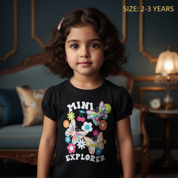 تيشرت بناتي قطن صيفي أسود بطبعة فراشات وكلمة Mini Explorer