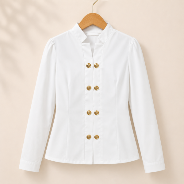 قميص نسائي أبيض أنيق بأزرار ذهبية وقصة "مندارين"