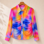 قميص نسائي صيفي بتصميم "تاي داي" (Tie-Dye) الملون مع تفاصيل كشكشة