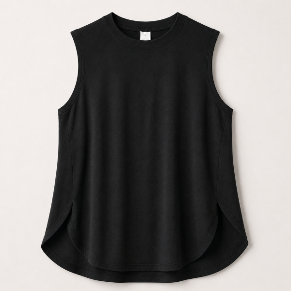 قميص نسائي كاجوال بدون أكمام (Tank Top) باللون الأسود الأساسي