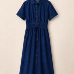 فستان جينز (Denim) ميدي بياقة كلاسيكية وخصر مربوط