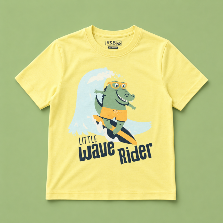 تيشيرت أولاد صيفي "Little Wave Rider" – لون أصفر مشرق مع طباعة "تمساح متزلج" – ماركة R&B – قطن ناعم