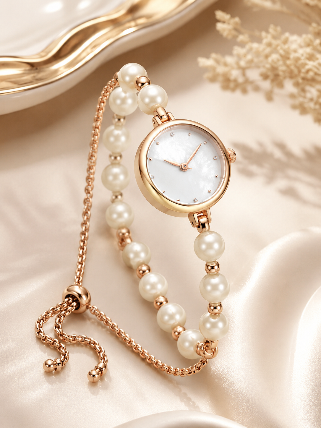 ساعة "لؤلؤة الزمان" (Pearl Elegance) – سوار من اللؤلؤ الطبيعي وتصميم ذهبي ناعم ساعة "لؤلؤة الزمان" (Pearl Elegance) – سوار من اللؤلؤ الطبيعي وتصميم ذهبي ناعم