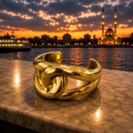 سوار "عُقدة الغروب" (Sunset Knot Cuff) – تصميم انسيابي متشابك – بريق ذهبي لامع