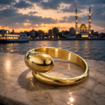 سوار "انسيابية الغروب" (Sunset Flow Cuff) – تصميم مفتوح بلمسة عصرية – بريق ذهبي لامع