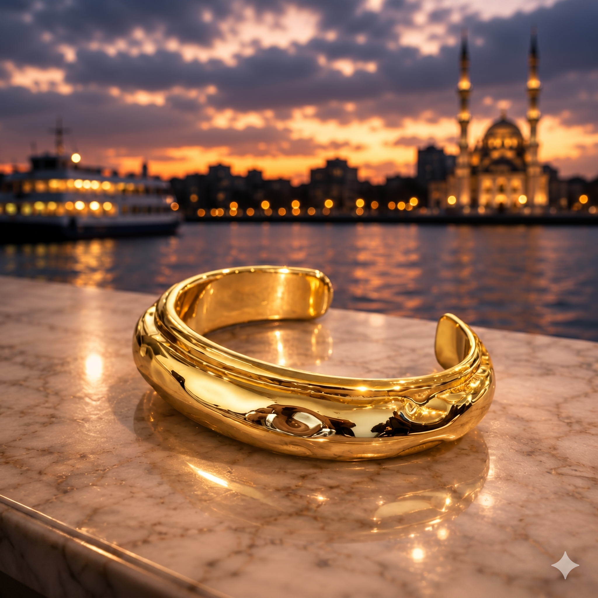 Gemini_Generated_Image_3h3lz83h3lz83h3l سوار "اللمسة الذهبية الهادئة" (Serene Gold Cuff) – تصميم انسيابي كلاسيكي – بريق ذهبي مصقول - الصورة 1