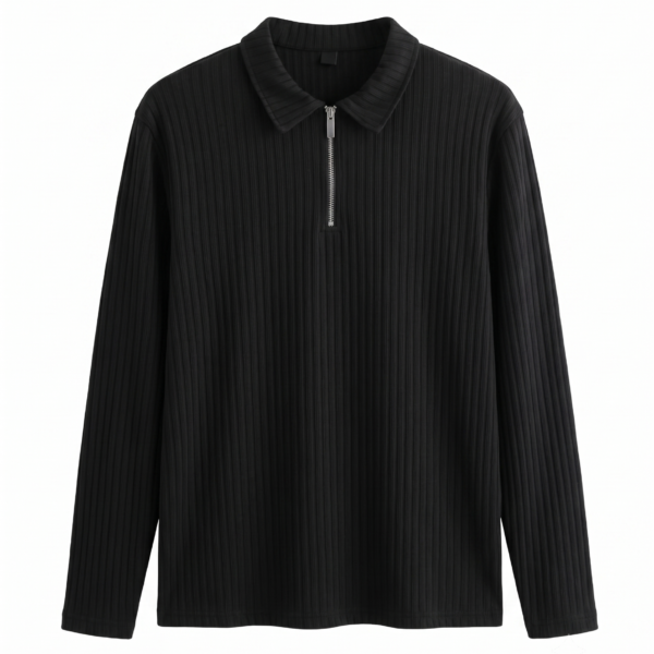 تيشيرت بولو مضلع (Ribbed Zip Polo) – أكمام طويلة وسحاب معدني – لون أسود فخم (متجر تَسَوق)