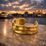 سوار "انسيابية الغروب" (Sunset Flow Cuff) – تصميم عضوي بلمسة فنية – بريق ذهبي نقي