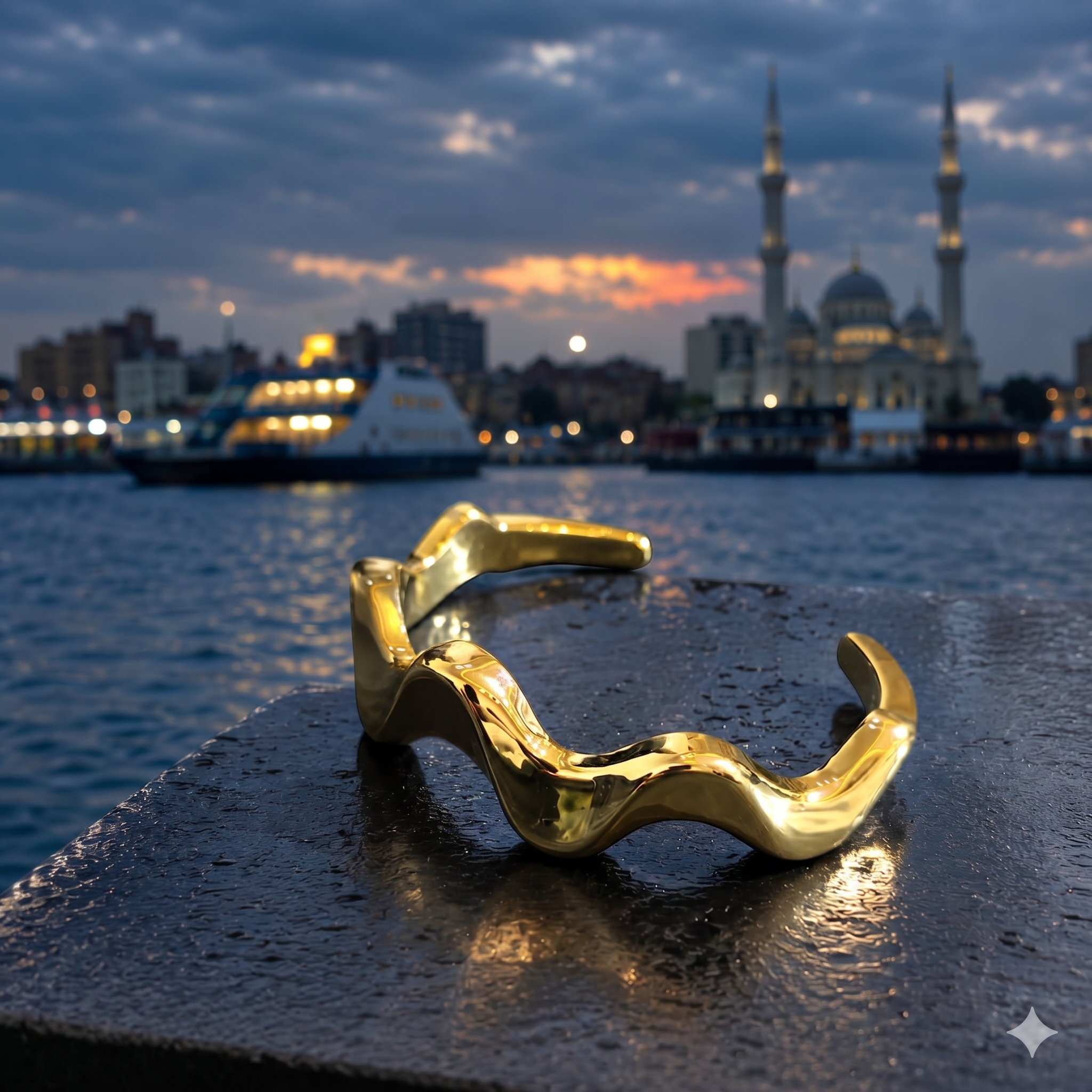 Gemini_Generated_Image_itu6uwitu6uwitu6 سوار "تموجات النيل" (Nile Waves Cuff) – تصميم انسيابي مموج – بريق ذهبي لامع - الصورة 1