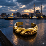 سوار "انسيابية الغروب" (Golden Twist Cuff) – تصميم ملتوي ببريق ذهبي فائق