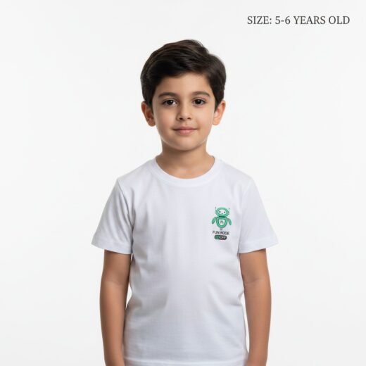 تيشيرت أولاد صيفي "ميني روبوت" – أبيض سادة مع لوجو مطبوع – قطن ناعم