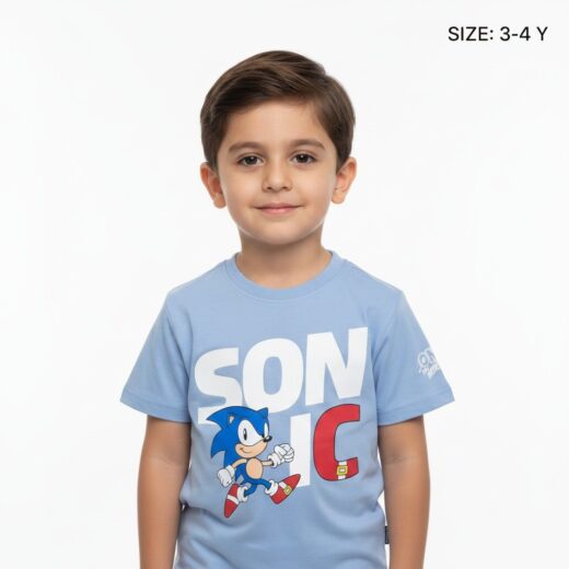 تيشيرت أولاد صيفي "سونيك" – لون أزرق سماوي مع طباعة شخصية Sonic الكلاسيكية – قطن ناعم