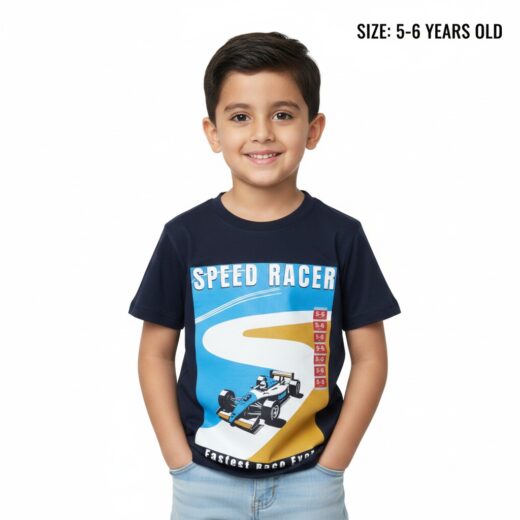 تيشيرت أولاد صيفي "SPEED RACER" – لون كحلي داكن مع طباعة "سيارة سباق" – قطن ناعم