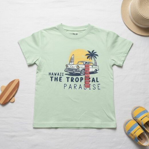 تيشيرت أطفال صيفي "The Tropical Paradise" – لون أخضر نعناعي (Mint) مع رسمة "سيارة هاواي" – قطن ناعم