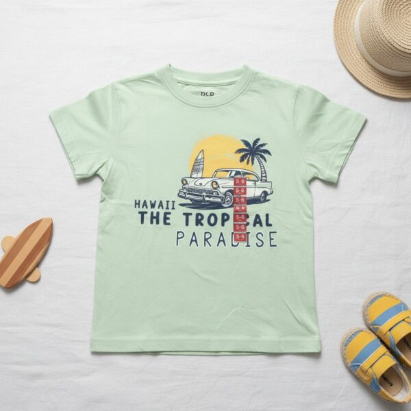 تيشيرت أطفال صيفي "The Tropical Paradise" – لون أخضر نعناعي (Mint) مع رسمة "سيارة هاواي" – قطن ناعم