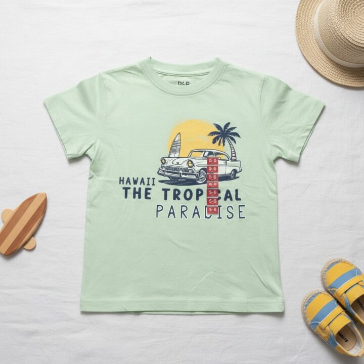 تيشيرت أطفال صيفي "The Tropical Paradise" – لون أخضر نعناعي (Mint) مع رسمة "سيارة هاواي" – قطن ناعم