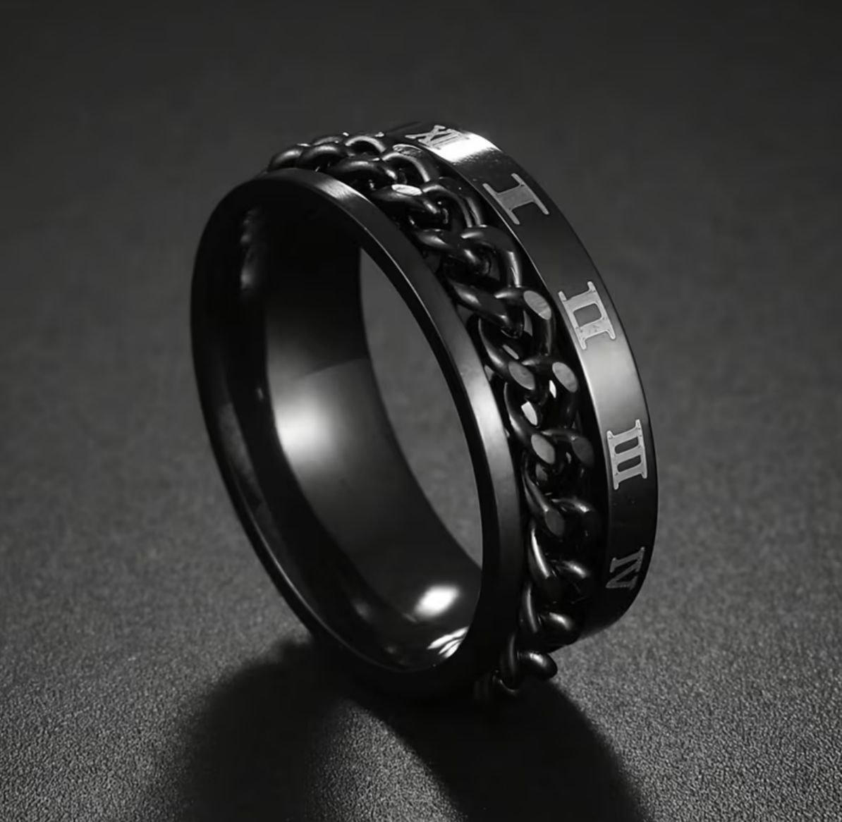 خاتم "ساعة الزمن" (Time Spinner) – تصميم دوار بنقوش الأرقام الرومانية – أسود ملكي (متجر تَسَوق) خاتم "ساعة الزمن" (Time Spinner) – تصميم دوار بنقوش الأرقام الرومانية – أسود ملكي (متجر تَسَوق)