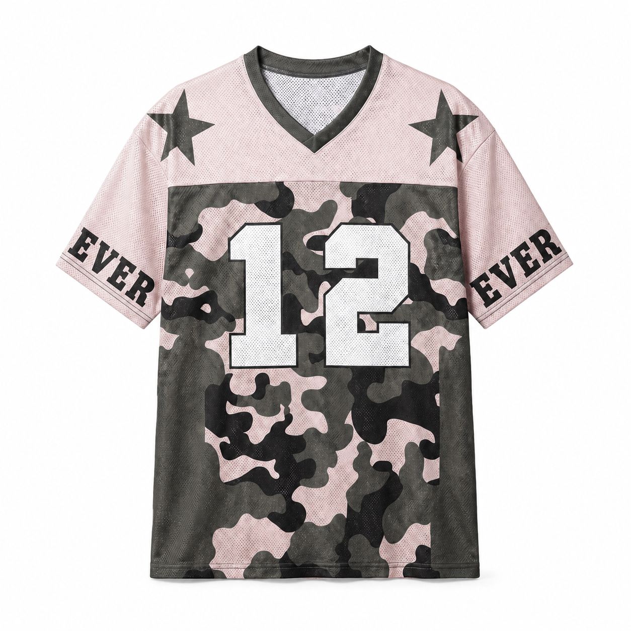 تيشيرت رياضي "جيرسي" بتصميم مموه (Camo) وردي وعصري تيشيرت رياضي "جيرسي" بتصميم مموه (Camo) وردي وعصري