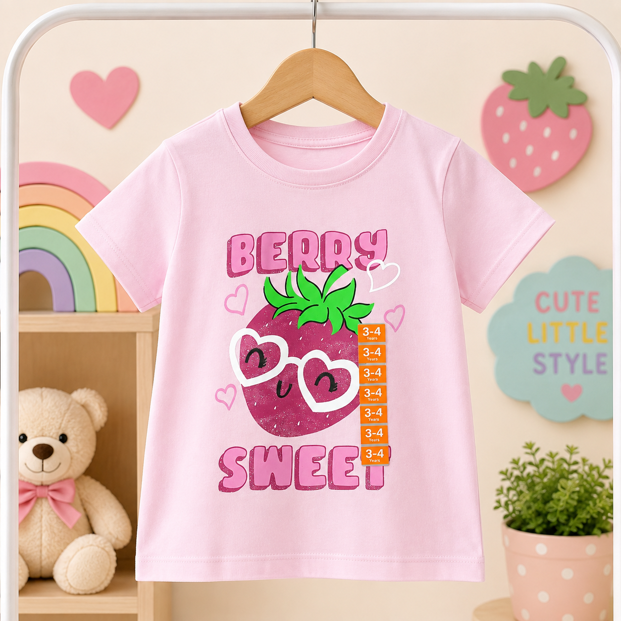 تيشيرت بناتي وردي بتصميم الفراولة "BERRY SWEET" تيشيرت بناتي وردي بتصميم الفراولة "BERRY SWEET"