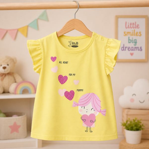 تيشيرت بناتي أصفر بتصميم القلوب وعبارة "ALL HEART FOR MY MUMMY"