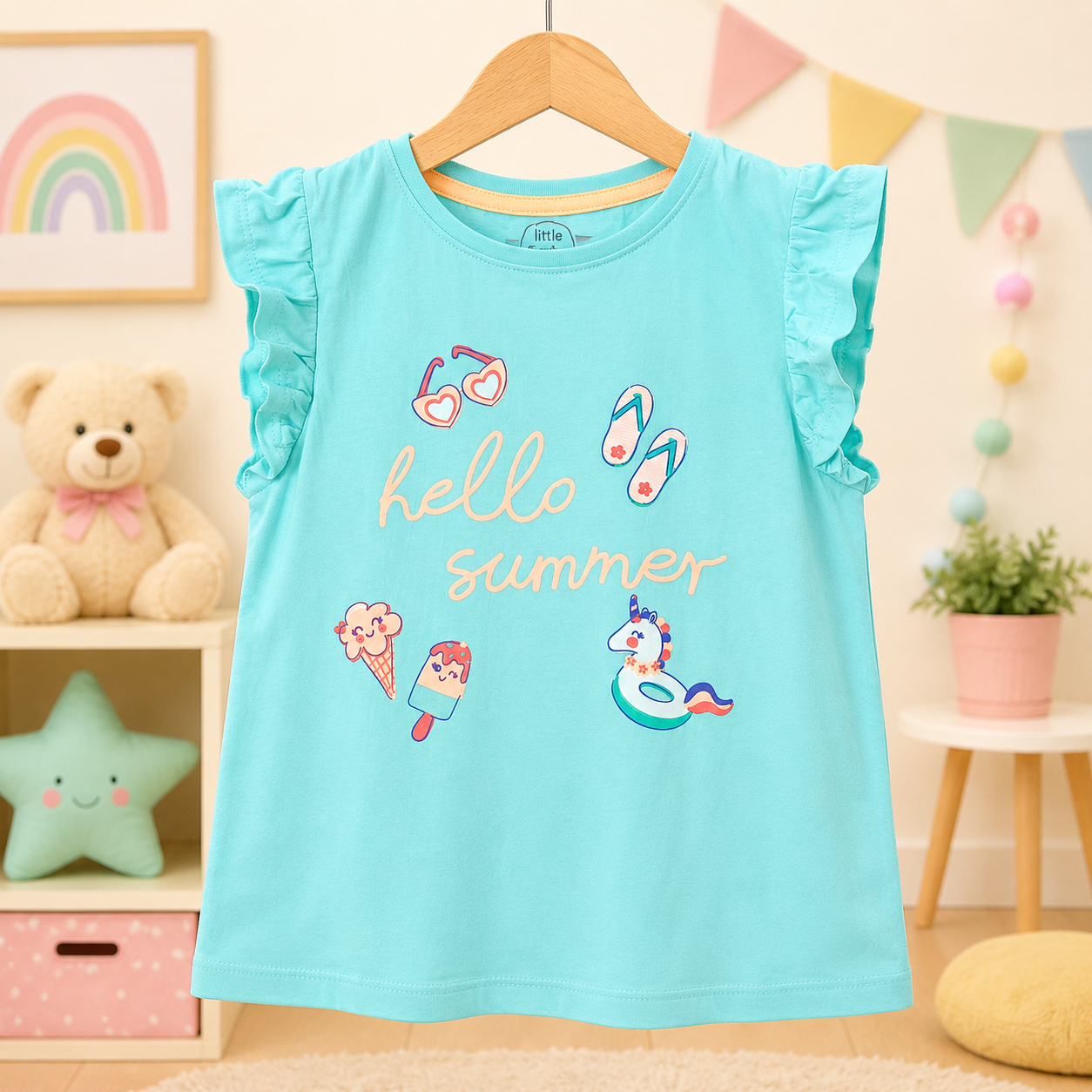 تيشيرت بناتي تركواز بتصميم صيفي مبهج "hello summer" تيشيرت بناتي تركواز بتصميم صيفي مبهج "hello summer"