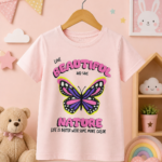 تيشيرت بناتي وردي بتصميم الفراشة وعبارة "BEAUTIFUL NATURE"