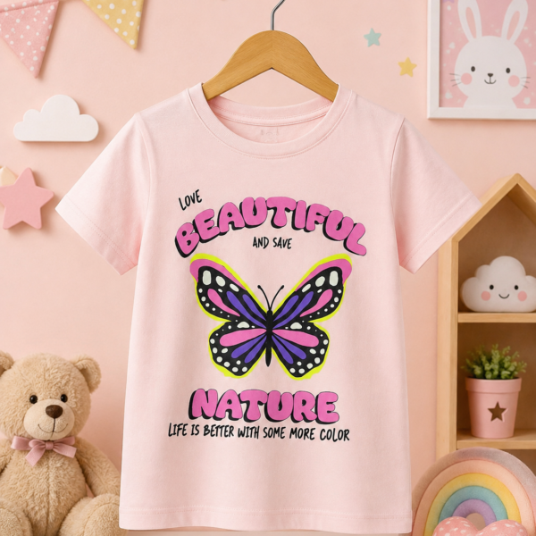 تيشيرت بناتي وردي بتصميم الفراشة وعبارة "BEAUTIFUL NATURE"