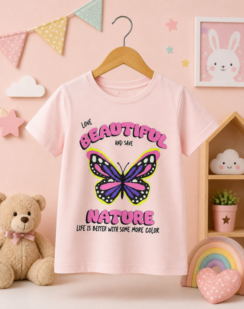 تيشيرت بناتي وردي بتصميم الفراشة وعبارة "BEAUTIFUL NATURE"