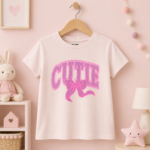 تيشيرت بناتي وردي بتصميم كلمة "CUTIE" والفيونكة