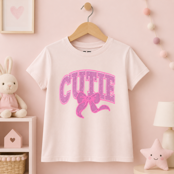 تيشيرت بناتي وردي بتصميم كلمة "CUTIE" والفيونكة