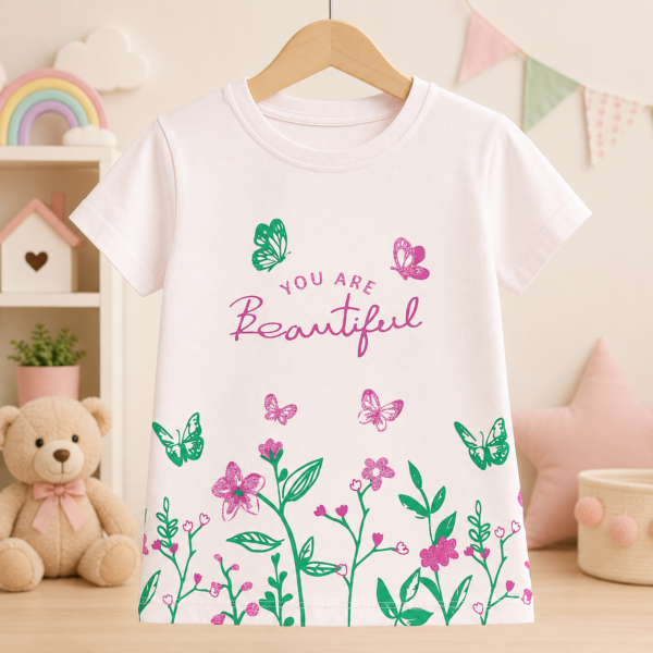 تيشيرت بناتي بتصميم الزهور والفراشات وعبارة "YOU ARE Beautiful"