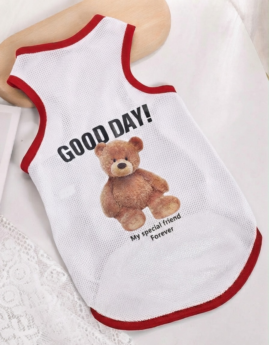 تيشيرت شبكي أبيض للحيوانات الأليفة بتصميم الدب وعبارة Good Day تيشيرت شبكي أبيض للحيوانات الأليفة بتصميم الدب وعبارة Good Day