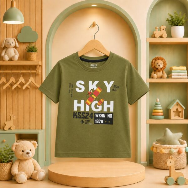 تيشرت أطفالي زيتوني بتصميم طائرة وعبارة SKY HIGH وعلامة R&B