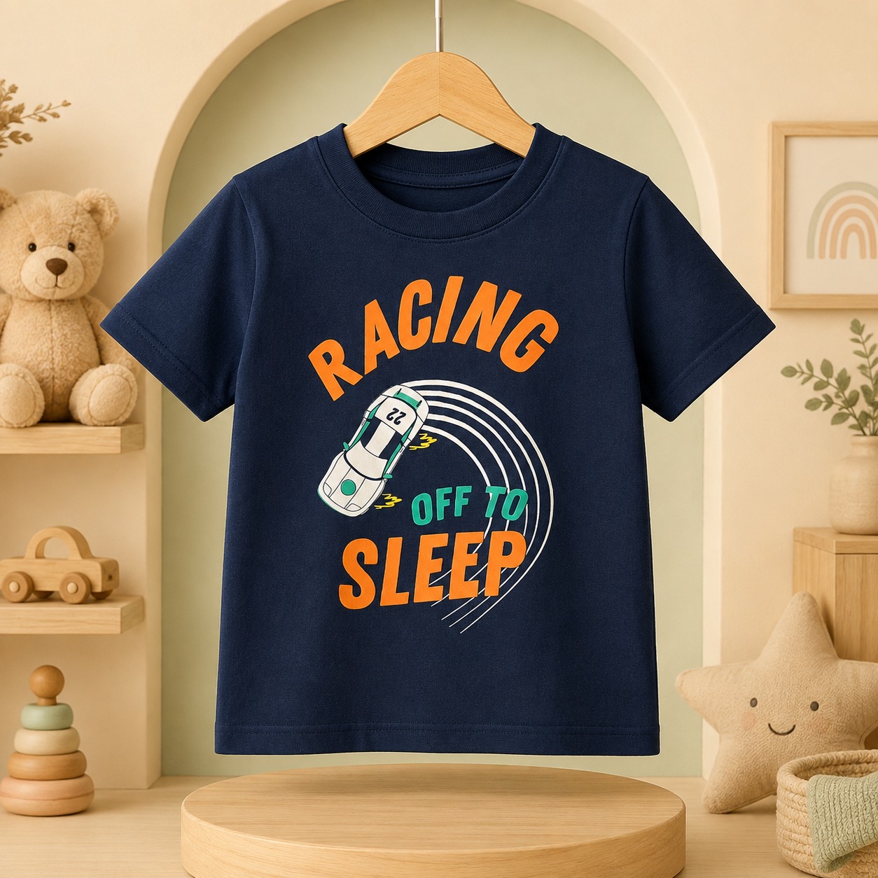 تيشرت أطفالي كحلي بتصميم سباق السيارات وعبارة Racing Off to Sleep تيشرت أطفالي كحلي بتصميم سباق السيارات وعبارة Racing Off to Sleep