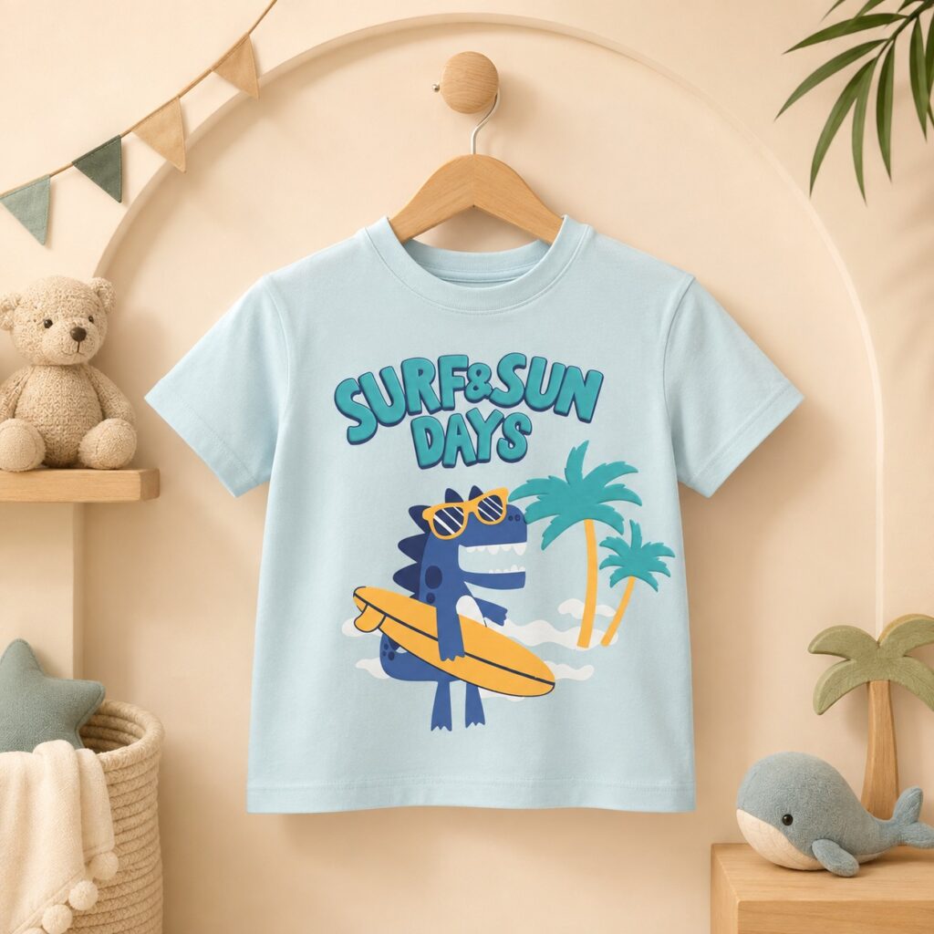 تيشرت أطفالي أزرق فاتح بتصميم ديناصور الشاطئ وعلامة Surf & Sun