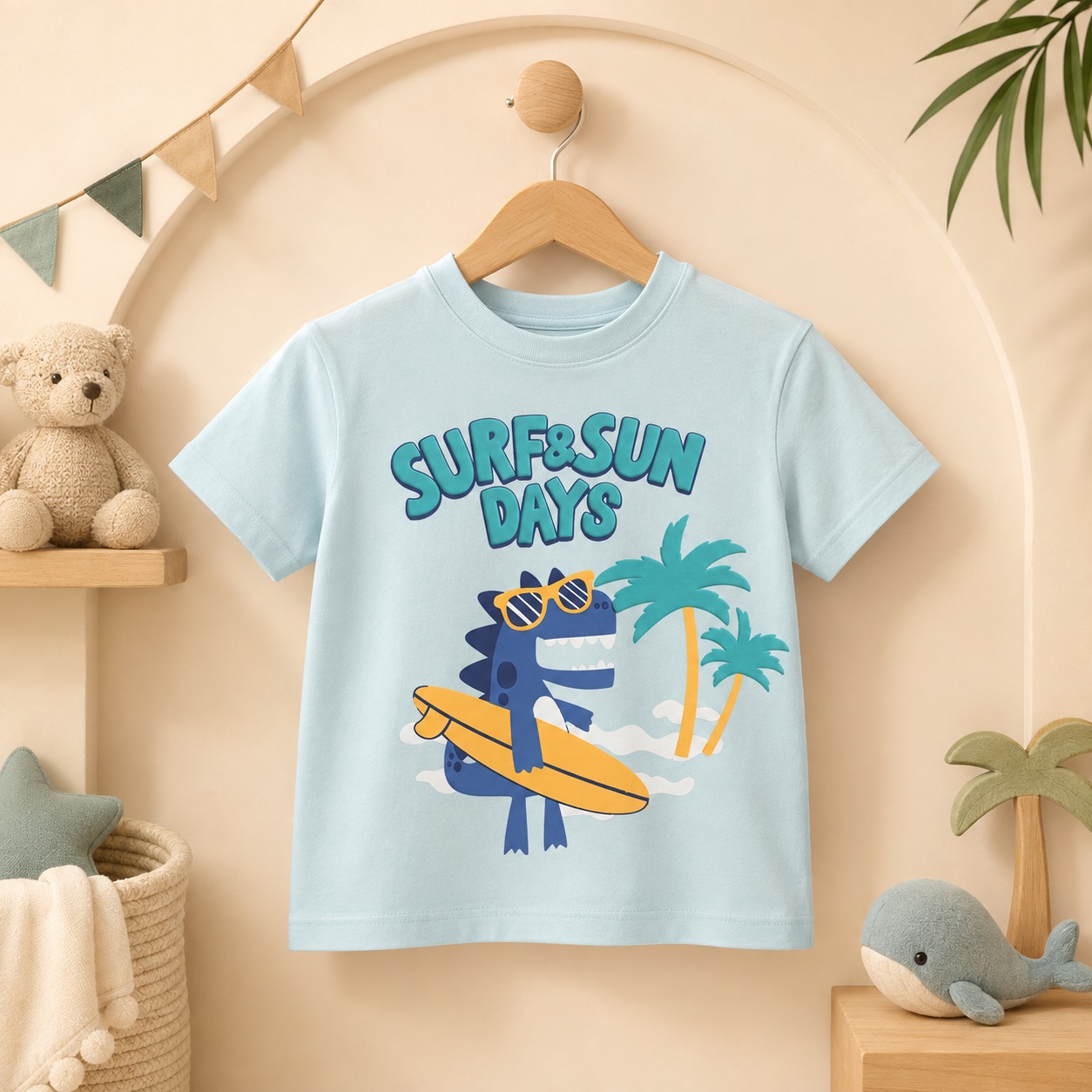 تيشرت أطفالي أزرق فاتح بتصميم ديناصور الشاطئ وعلامة Surf & Sun 1 تيشرت أطفالي أزرق فاتح بتصميم ديناصور الشاطئ وعلامة Surf & Sun