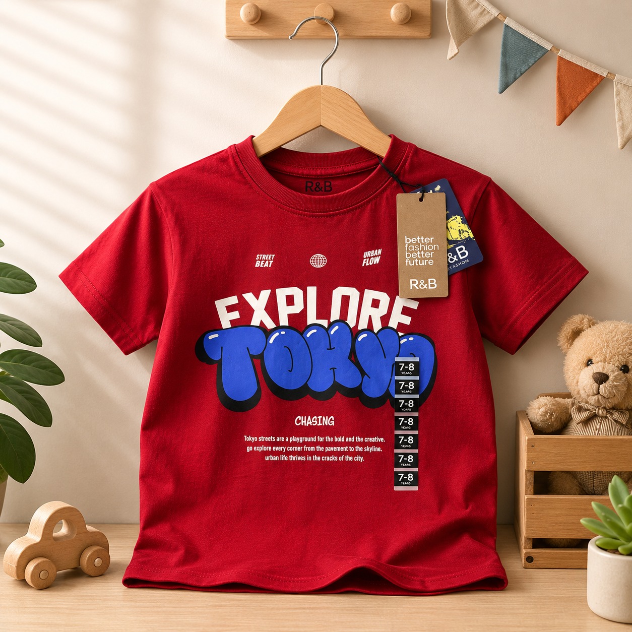 تيشرت أطفالي أحمر بتصميم جرافيك EXPLORE TOKYO وعلامة R&B تيشرت أطفالي أحمر بتصميم جرافيك EXPLORE TOKYO وعلامة R&B
