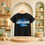 تيشرت أطفالي أسود بتصميم فضائي وعبارة THE EXPLORER SPACE ADVENTURE