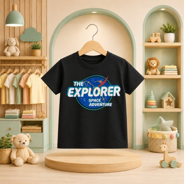 تيشرت أطفالي أسود بتصميم فضائي وعبارة THE EXPLORER SPACE ADVENTURE