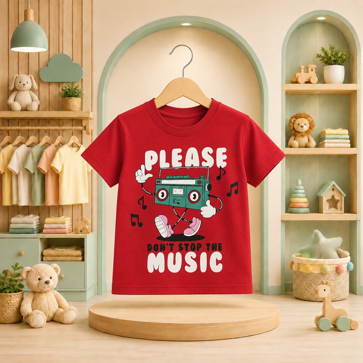 تيشرت أطفالي أحمر بتصميم راديو كرتوني وعبارة PLEASE DON'T STOP THE MUSIC تيشرت أطفالي أحمر بتصميم راديو كرتوني وعبارة PLEASE DON'T STOP THE MUSIC