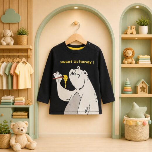 سويت شيرت أطفالي أسود بأكمام طويلة وتصميم الدب وعبارة sweet as honey