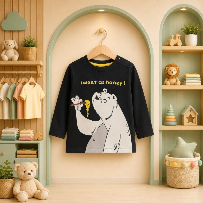 سويت شيرت أطفالي أسود بأكمام طويلة وتصميم الدب وعبارة sweet as honey