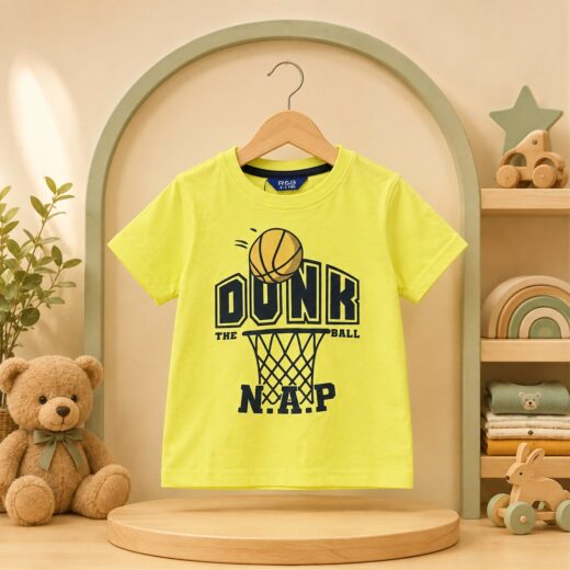 تيشرت أطفالي أصفر ليموني بتصميم كرة السلة وعبارة Dunk the Ball وعلامة R&B