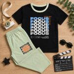 ⁦طقم ولادي صيفي قطعتين (تيشرت أسود وشورت مينت جرين) بطبعة "FOCUS"⁩ - الصورة ⁦2⁩