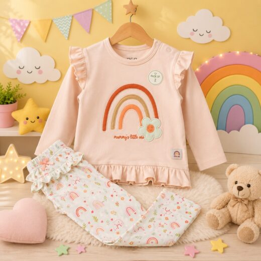 طقم أطفالي بناتي وردي بأكمام طويلة بتصميم قوس قزح وعبارة mummy's little one