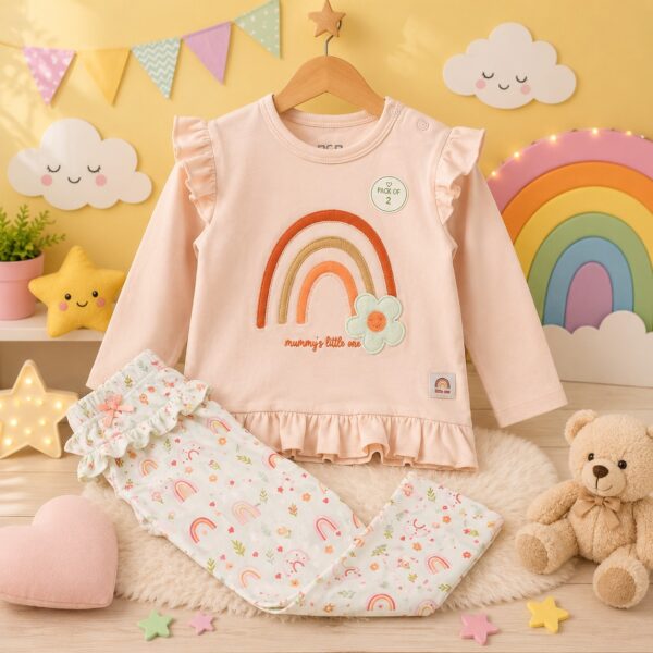 طقم أطفالي بناتي وردي بأكمام طويلة بتصميم قوس قزح وعبارة mummy's little one