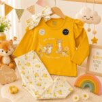 طقم أطفالي بناتي أصفر بأكمام طويلة بتصميم الثعالب وعلامة RGB baby