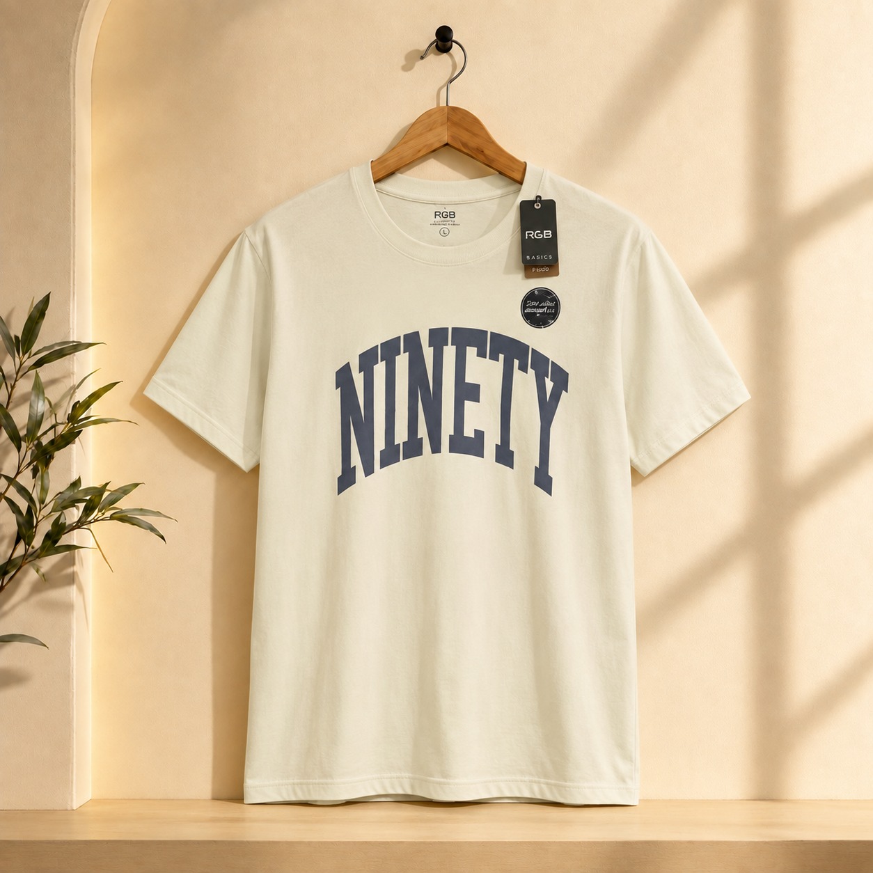 تيشرت رجالي بيج فاتح مطبوع بتصميم كلمة "NINETY" من RGB BASICS 1 تيشرت رجالي بيج فاتح مطبوع بتصميم كلمة "NINETY" من RGB BASICS