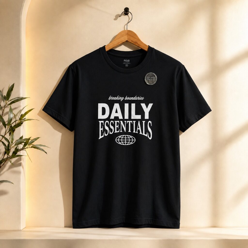 تيشرت رجالي أسود مطبوع بتصميم "Daily Essentials" من RGB